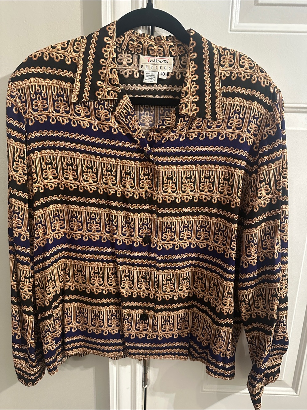 Talbots Navy and Tan Geometric-Print Button-Down Blouse